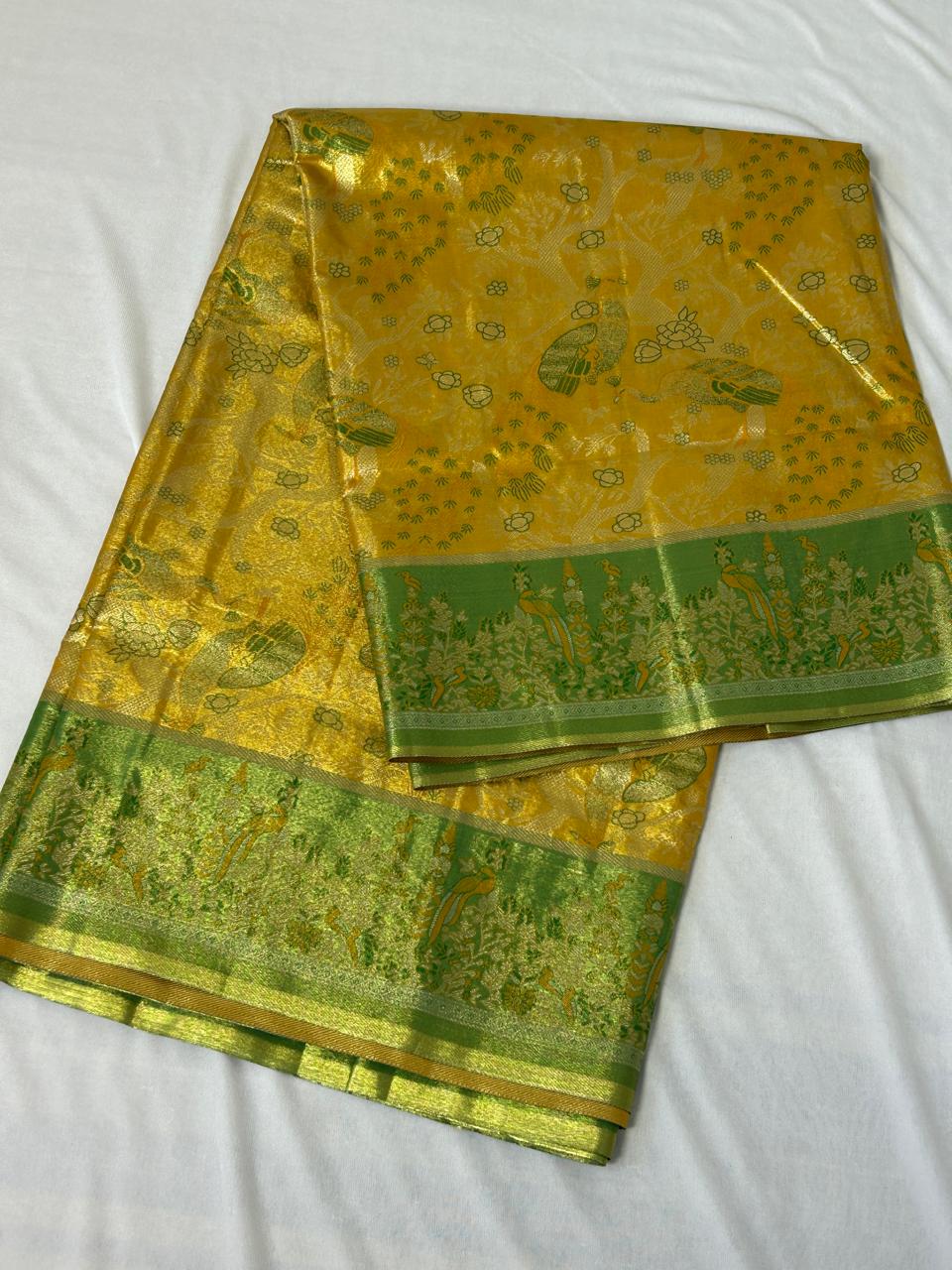 Beautiful mustard yellow and green designer semi silk saree (DT103)