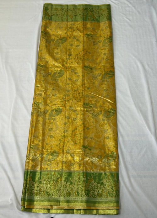 Beautiful mustard yellow and green designer semi silk saree (DT103)
