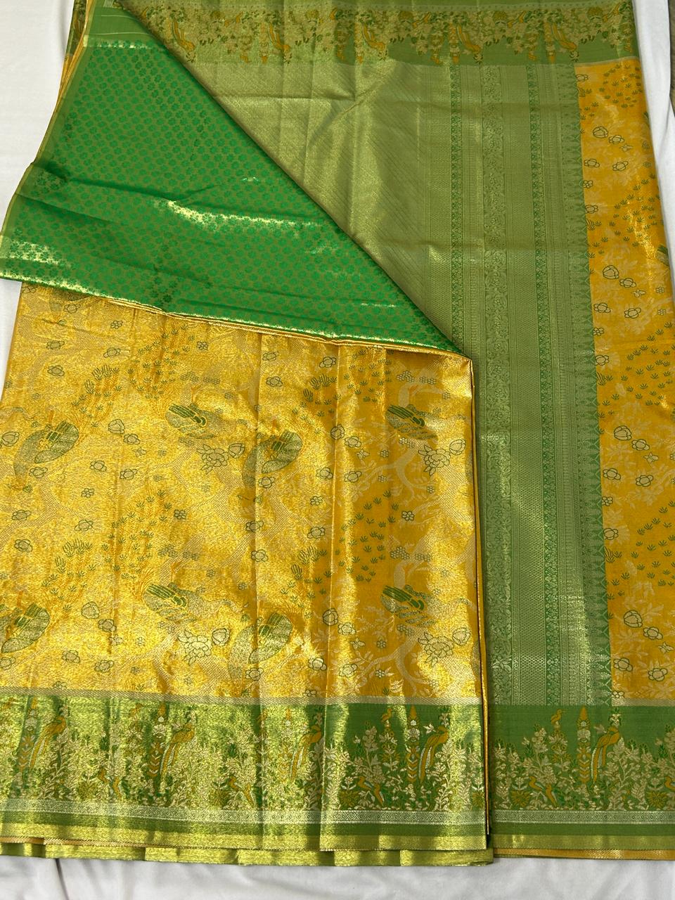Beautiful mustard yellow and green designer semi silk saree (DT103)