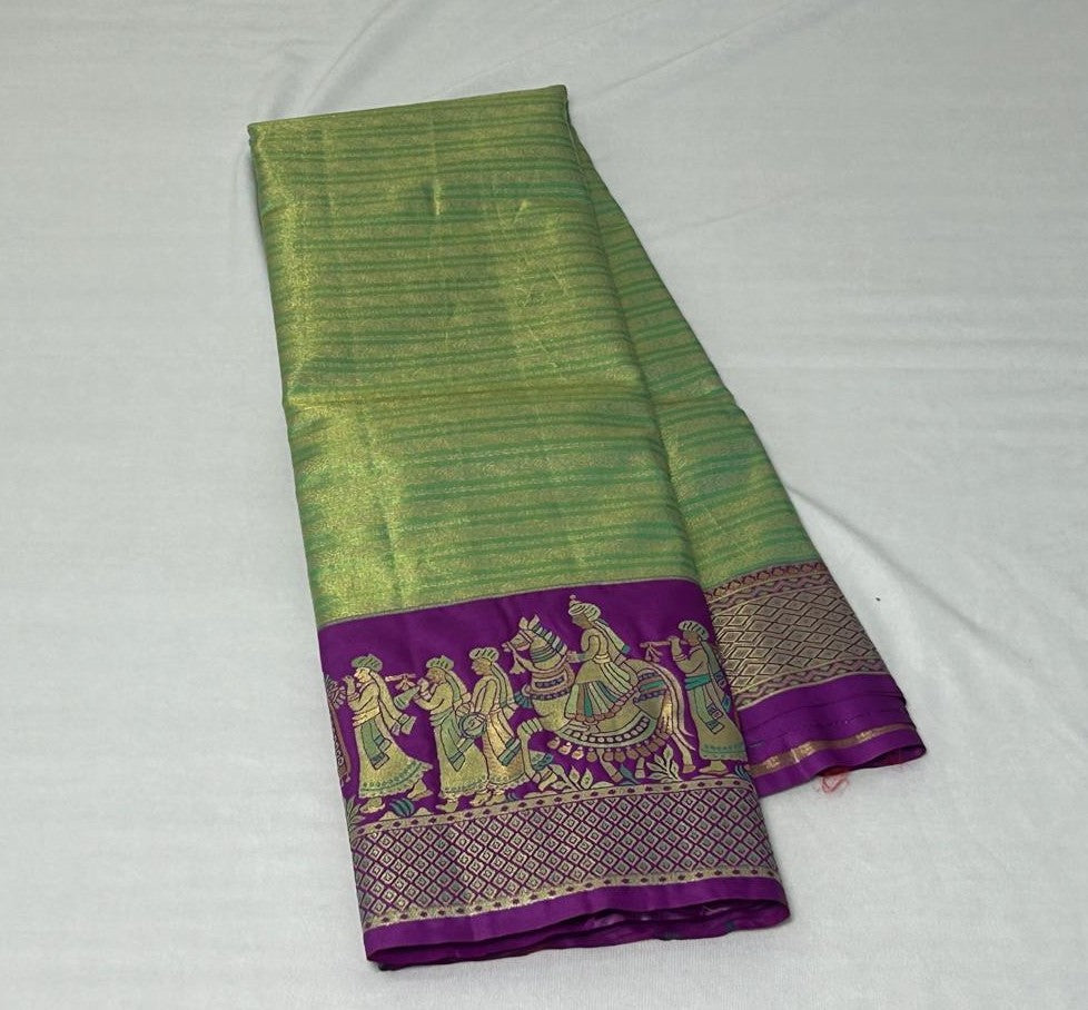 Meenakari Pallaki Saree – Parrot Green & Royal Purple (MK101)