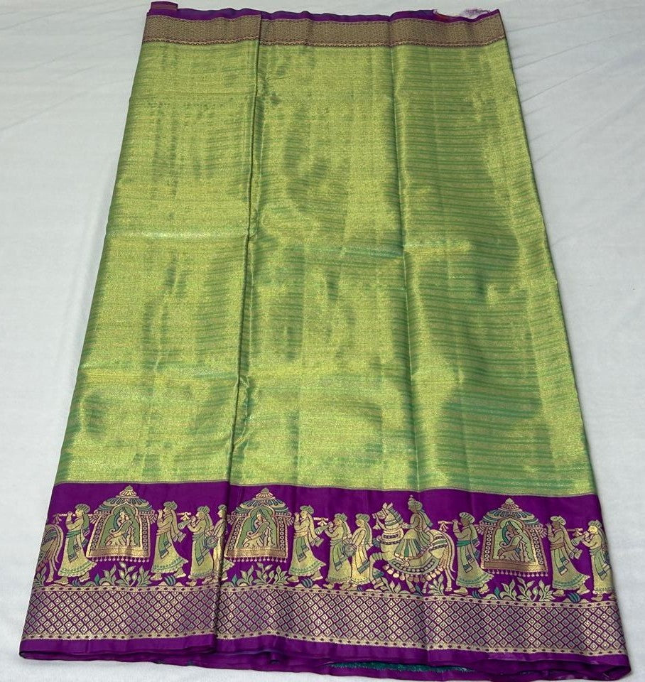 Meenakari Pallaki Saree – Parrot Green & Royal Purple (MK101)