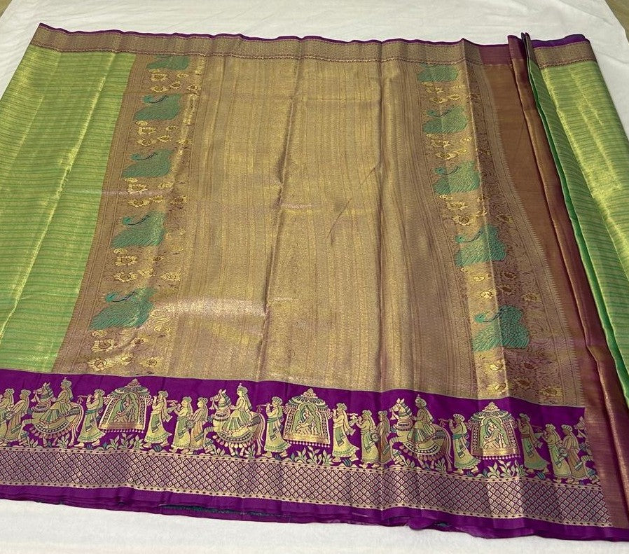 Meenakari Pallaki Saree – Parrot Green & Royal Purple (MK101)