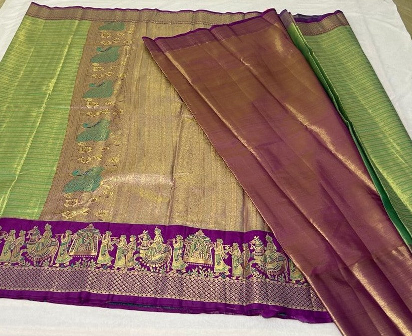 Meenakari Pallaki Saree – Parrot Green & Royal Purple (MK101)