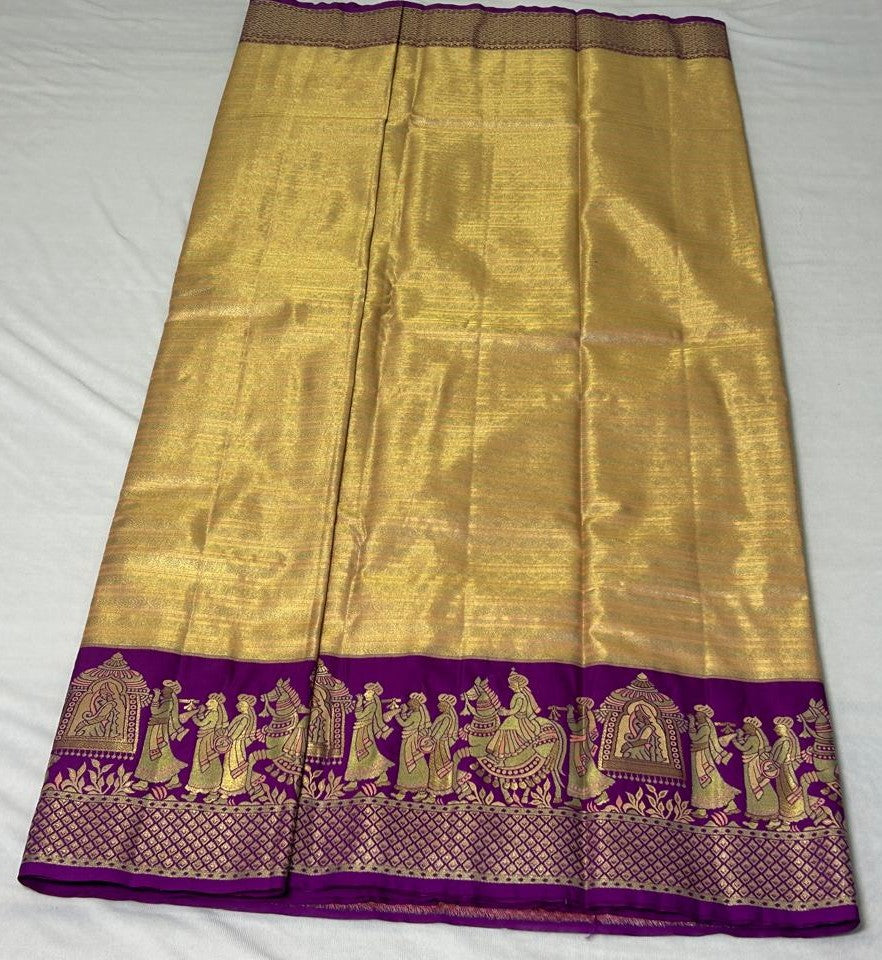 Meenakari Pallaki Saree – Honey Gold & Royal Purple (MK102)