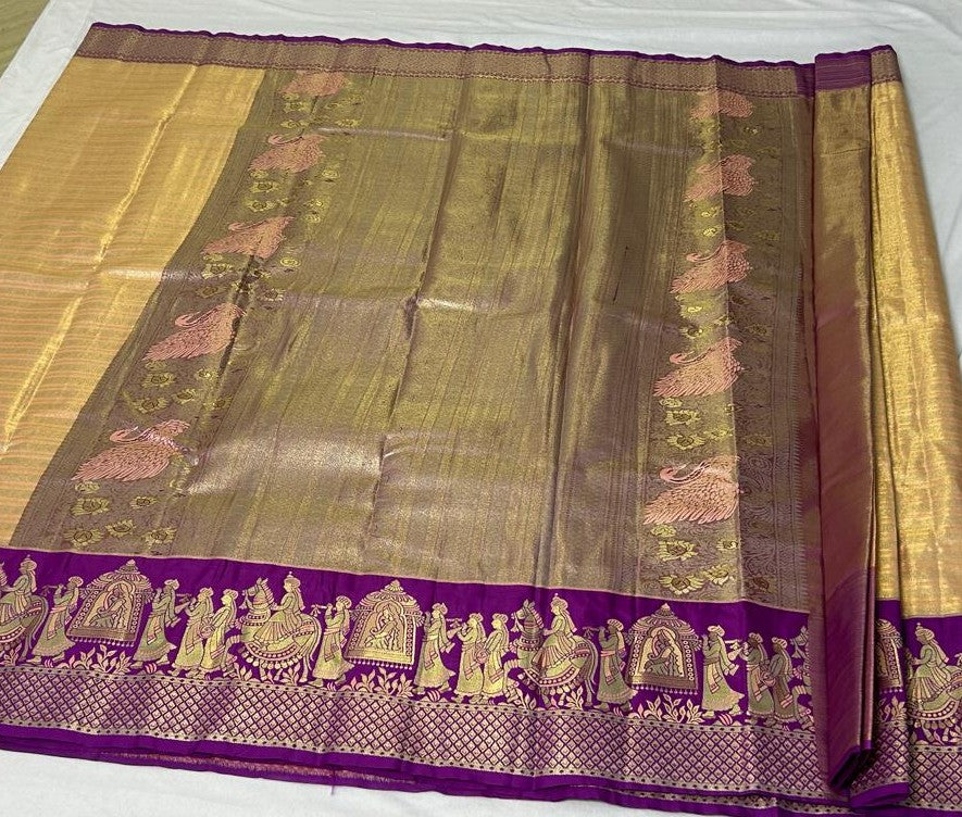 Meenakari Pallaki Saree – Honey Gold & Royal Purple (MK102)