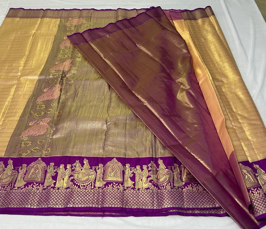 Meenakari Pallaki Saree – Honey Gold & Royal Purple (MK102)