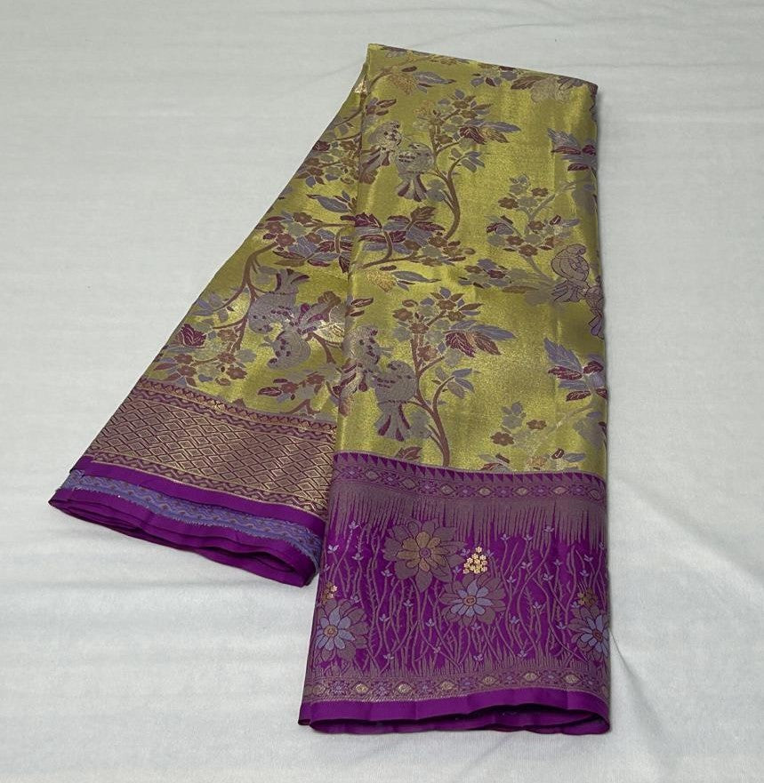 Meenakari Floral Saree – Antique Gold & Violet (MK103)