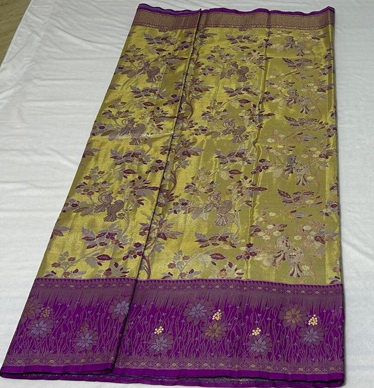 Meenakari Floral Saree – Antique Gold & Violet (MK103)