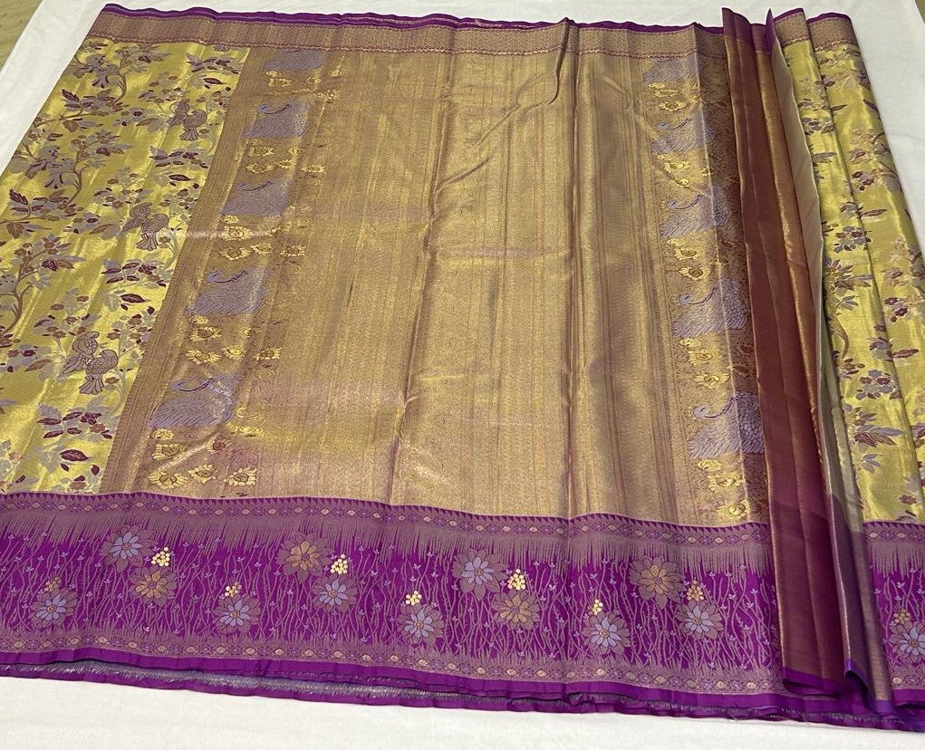 Meenakari Floral Saree – Antique Gold & Violet (MK103)
