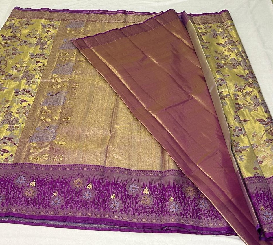 Meenakari Floral Saree – Antique Gold & Violet (MK103)