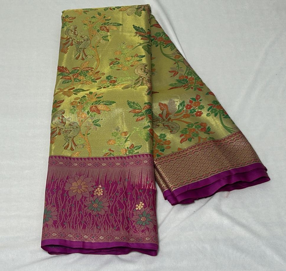 Meenakari Floral Saree – Gold & Magenta (MK104)