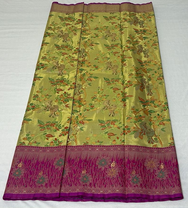 Meenakari Floral Saree – Gold & Magenta (MK104)