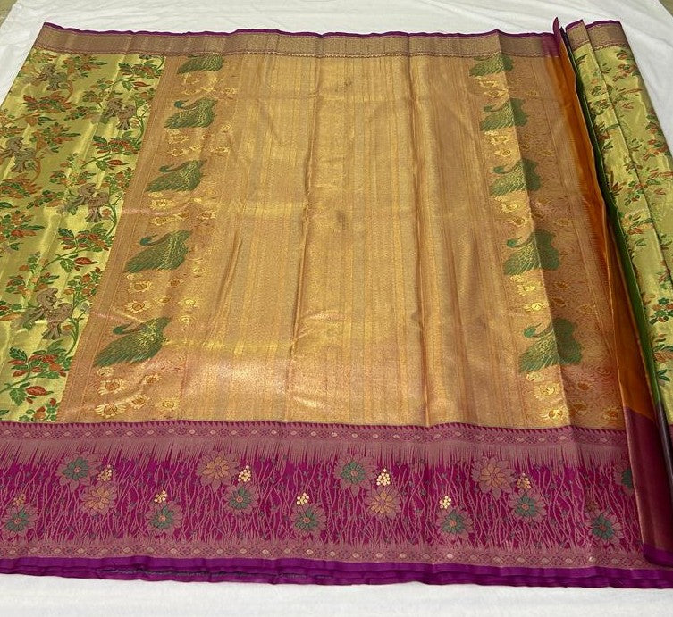 Meenakari Floral Saree – Gold & Magenta (MK104)