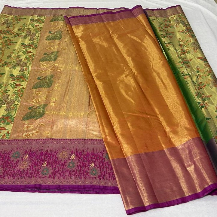 Meenakari Floral Saree – Gold & Magenta (MK104)