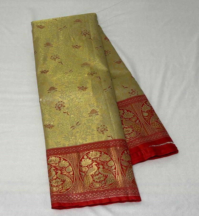 Meenakari Peacock Saree – Gold & Red (MK105)