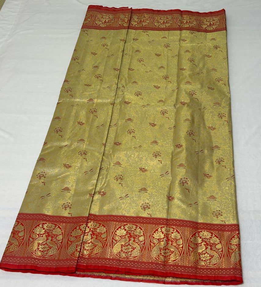 Meenakari Peacock Saree – Gold & Red (MK105)