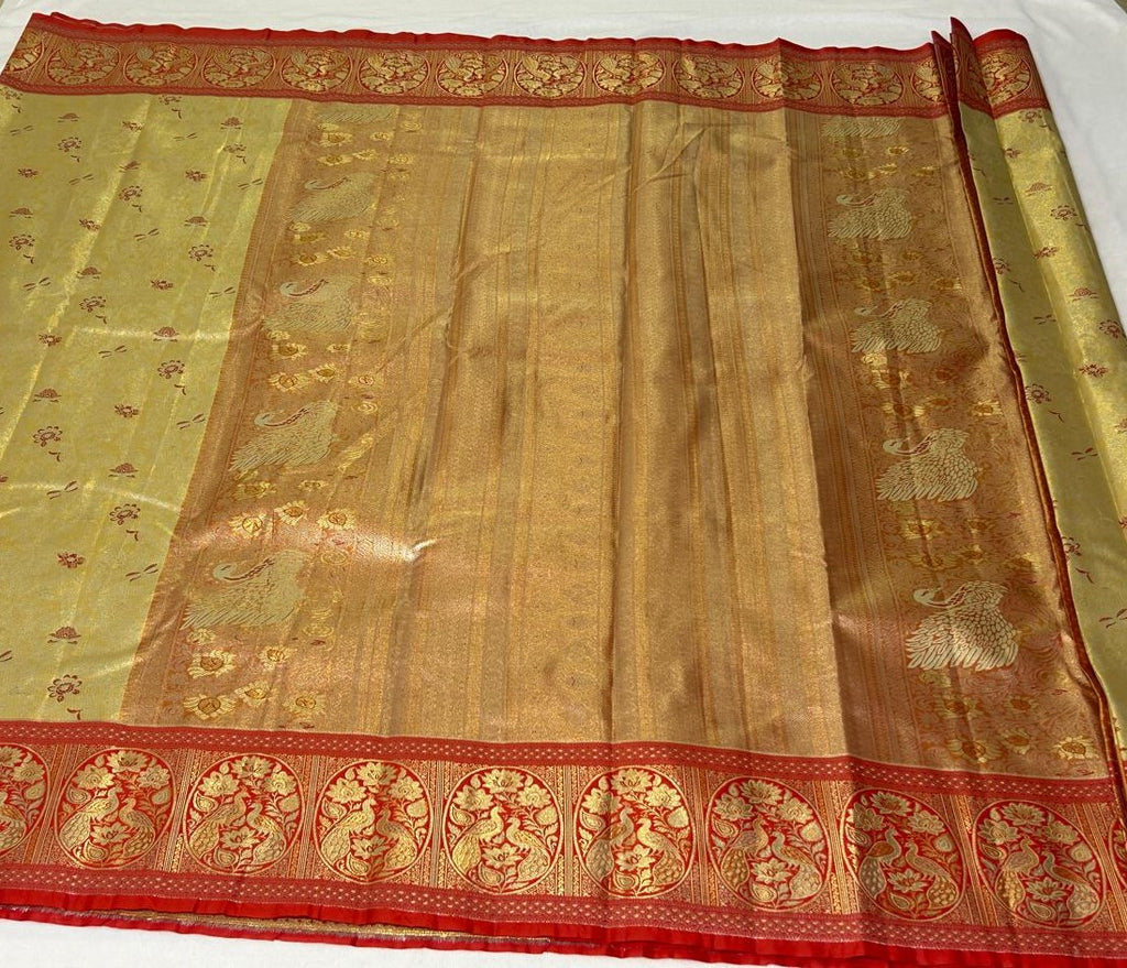 Meenakari Peacock Saree – Gold & Red (MK105)