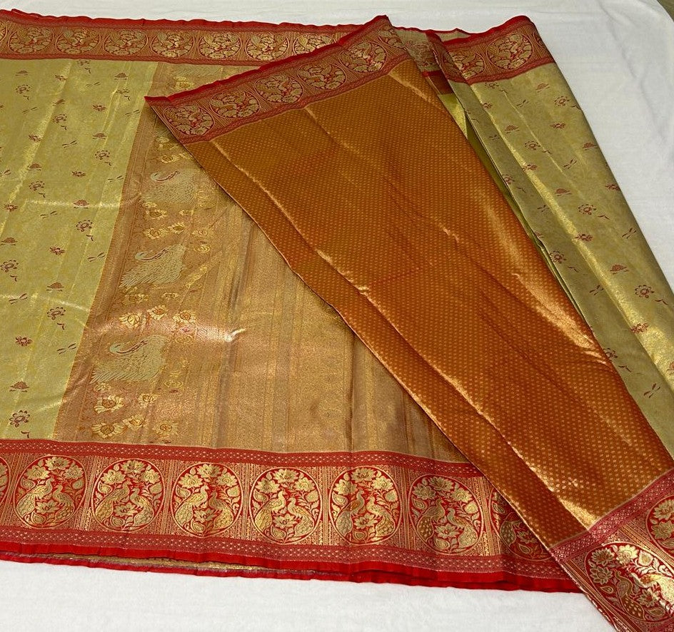 Meenakari Peacock Saree – Gold & Red (MK105)