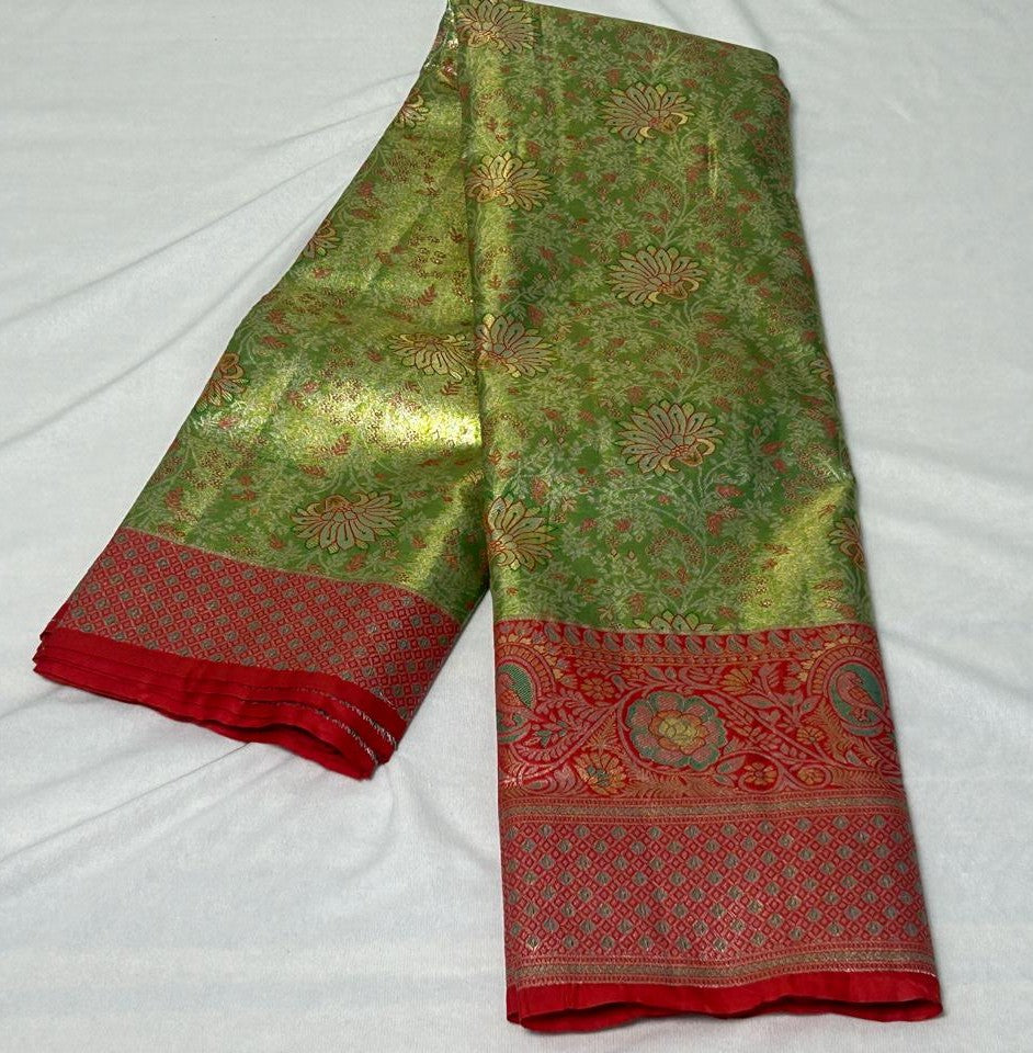 Meenakari Lotus Saree – Green & Coral (MK106)