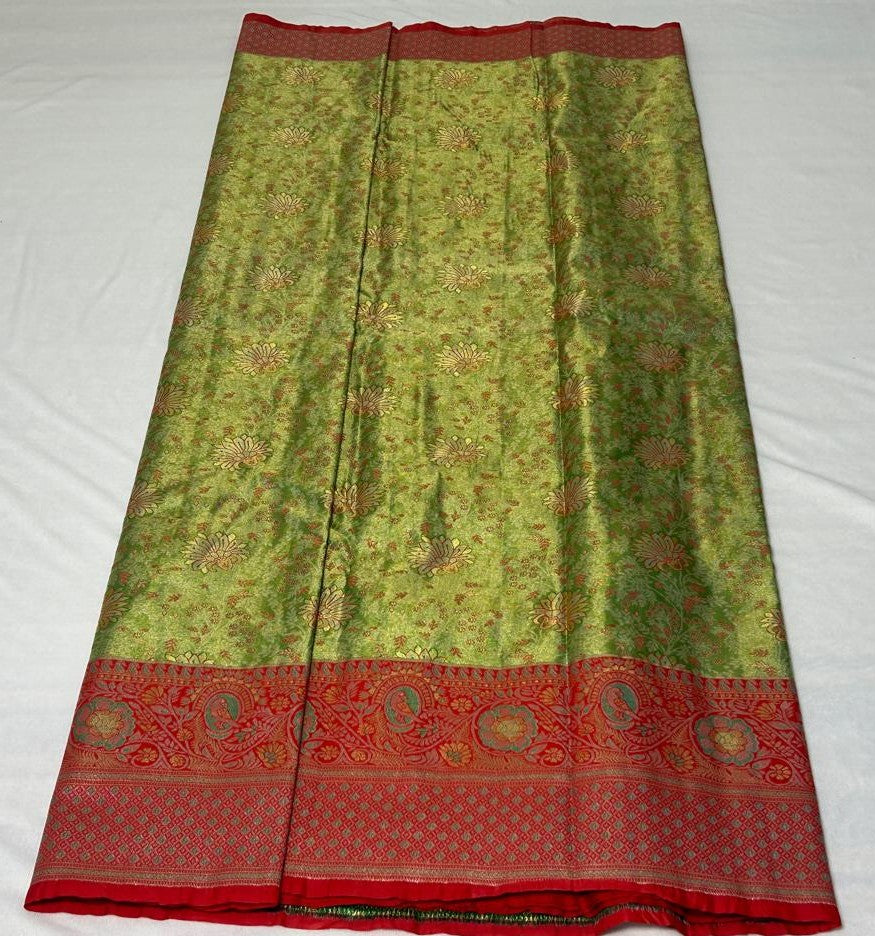 Meenakari Lotus Saree – Green & Coral (MK106)