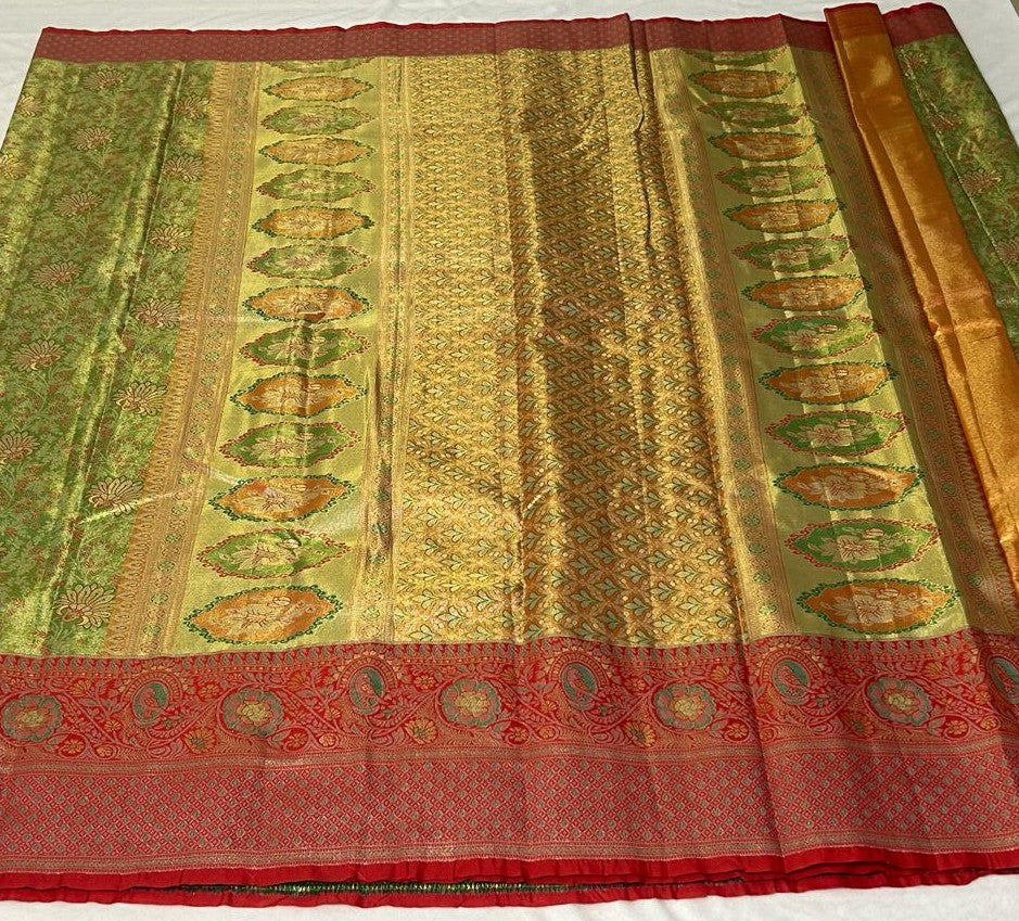 Meenakari Lotus Saree – Green & Coral (MK106)