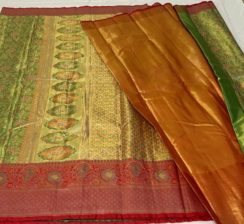 Meenakari Lotus Saree – Green & Coral (MK106)