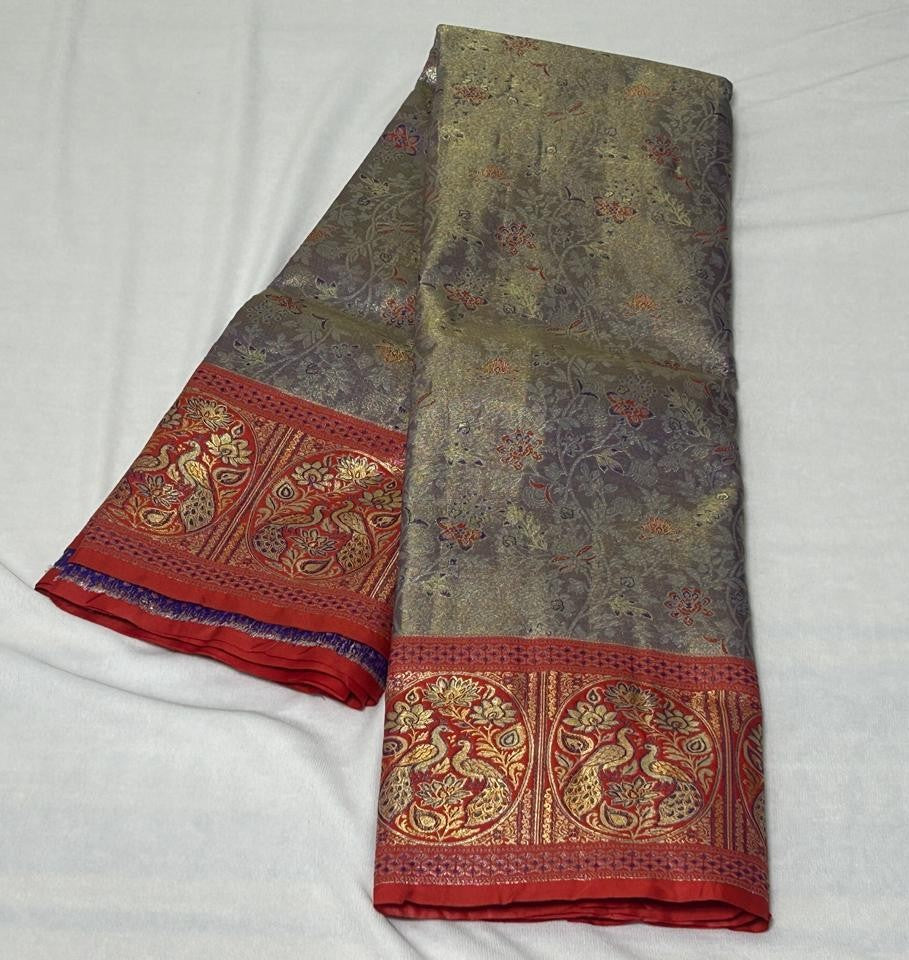 Meenakari Peacock Saree – Gold & Grey (MK107)