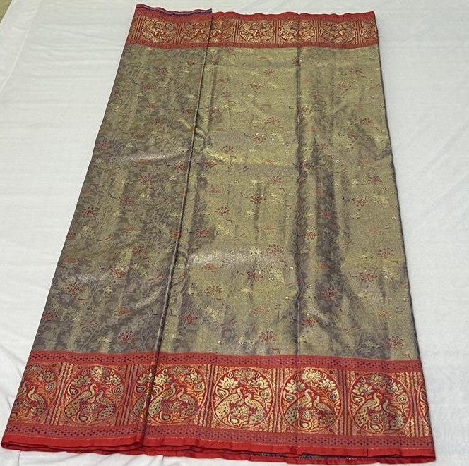 Meenakari Peacock Saree – Gold & Grey (MK107)