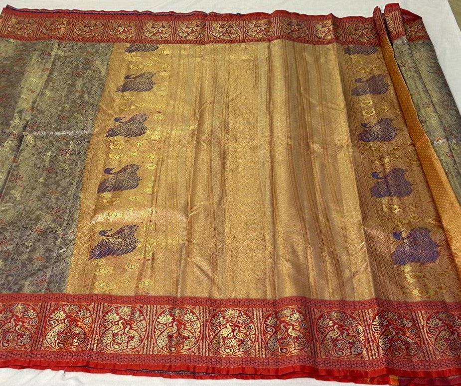 Meenakari Peacock Saree – Gold & Grey (MK107)