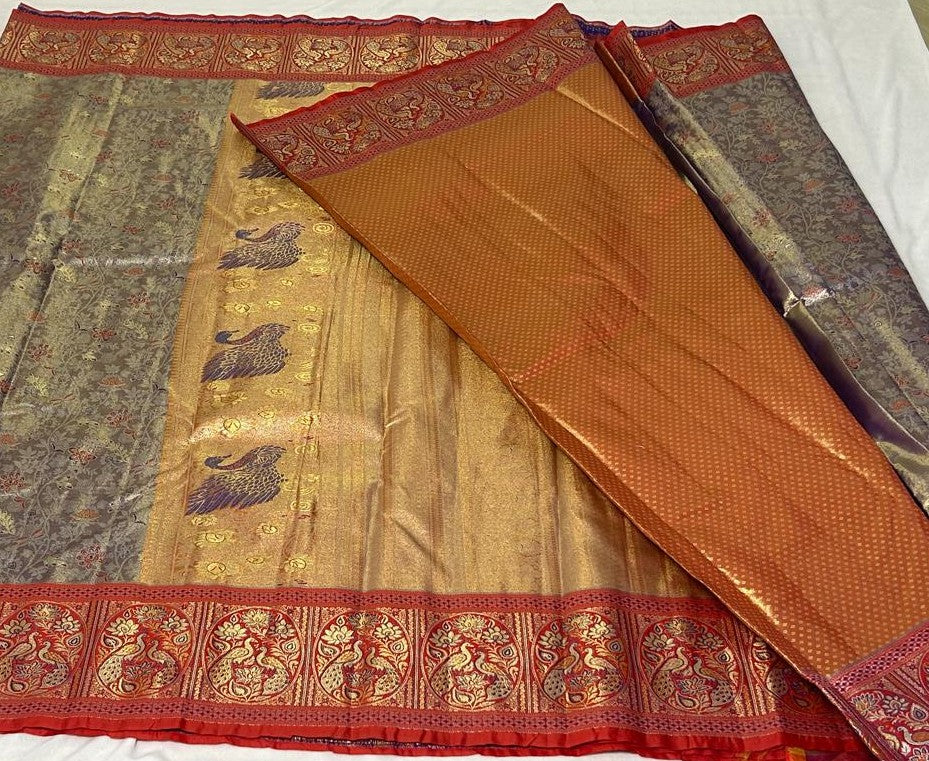 Meenakari Peacock Saree – Gold & Grey (MK107)