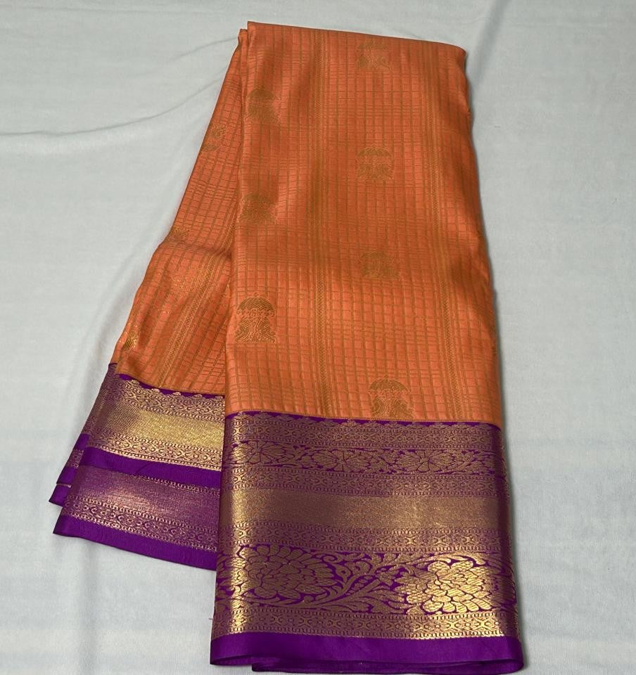 Vintage Kuttu Border Saree – Peach & Purple (VK102)
