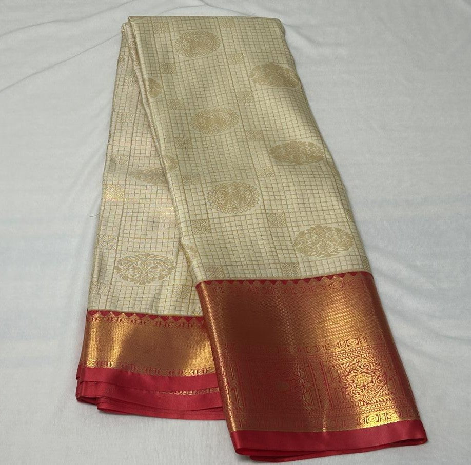 Vintage Kuttu Border Saree – Ivory & Red (VK103)